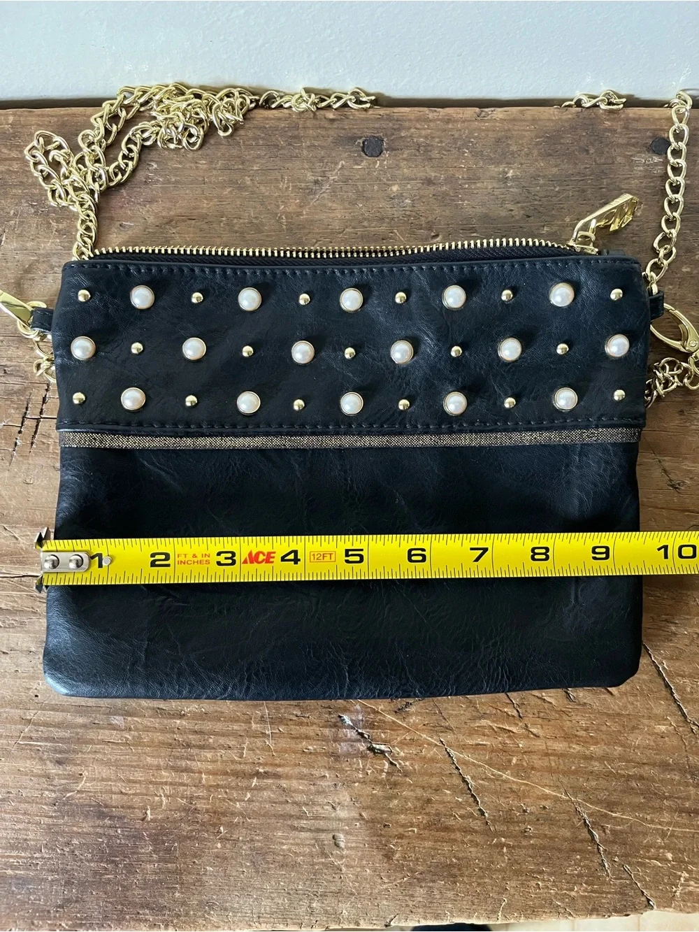 Madden Girl Black Faux-Leather Crossbody with Pearl Studs and Gold Chain
